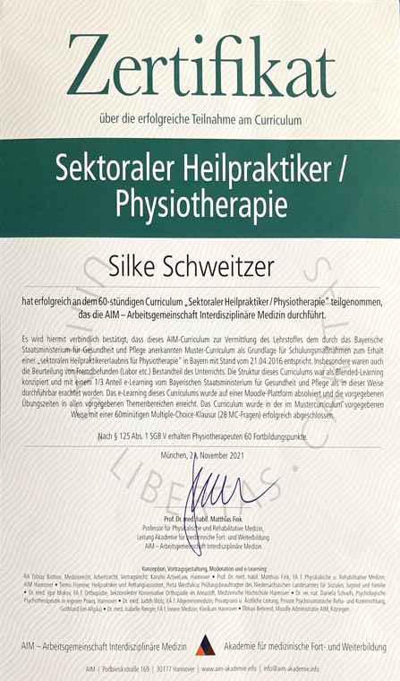 Zertifikat Sektoraler Heilpraktiker Physiotherapie